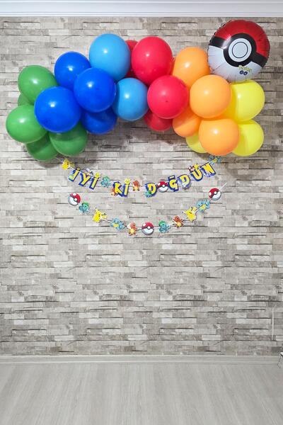 PEKSHOP Pokemon Konsept Doğum Günü Balon Zinciri Seti 2 Bannerlı Doğum Günü Seti