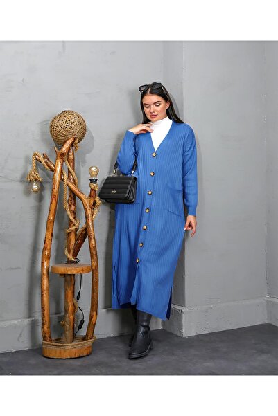 Bracha Model cu nervuri Decolteu în V Model confortabil de buzunar Tricotaj lung Cardigan