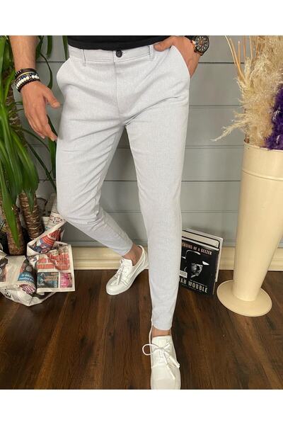 mrmubomen Men's Slim Fit Light Gray Linen Trousers
