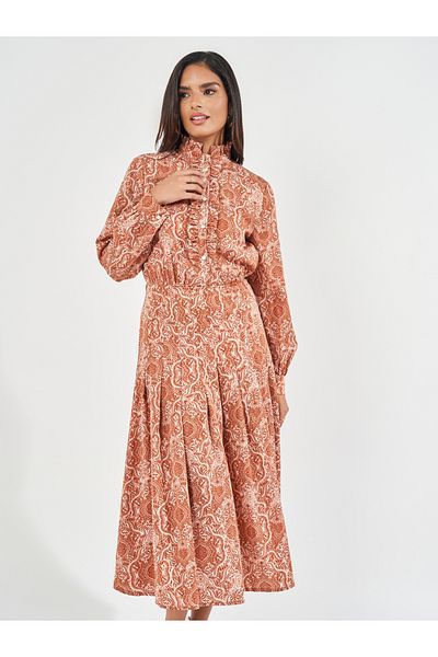 Styli All Over Print Ruffled A-Line Midi Dress