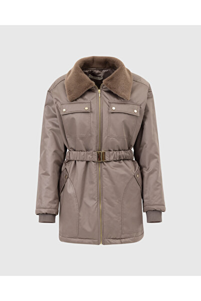 SEÇİL Belted Faux Fur Detailed Pocket Mink Coat