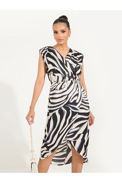 Styli Animal Print Sleeveless Mock Wrap Midi Dress