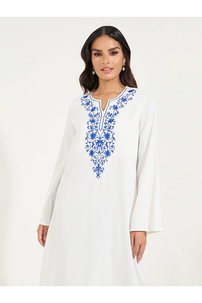 Styli Embroidery Detail Cotton Mix Jalabiya with Notch Neck