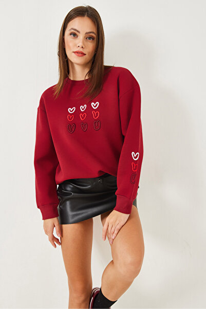 Bianco Lucci Women's Three Thread Raised Heart Printed Sweatshirt
