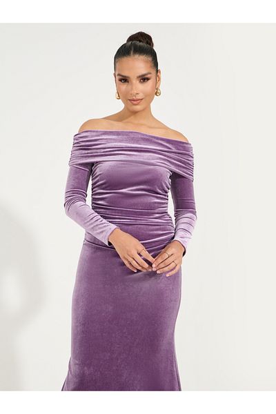 Styli Velvet Off Shoulder Long Sleeves Maxi Dress
