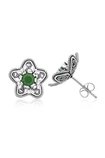 Skygo Silver Filigree Green Water Lily Flower Studded Earrings