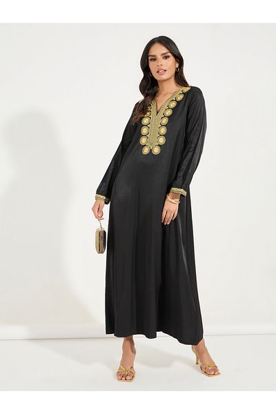 Styli Embroidery Detail V Neck Jalabiya