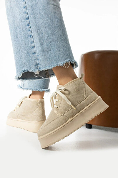 innsteal Kadın Bej Süet Içi Kürklü Kalın Taban Yarım Bağcıklı Midi Bot&bootie