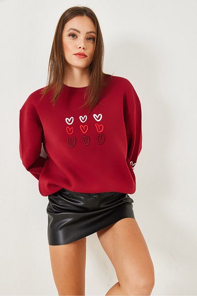 Bianco Lucci Women's Three Thread Raised Heart Printed Sweatshirt