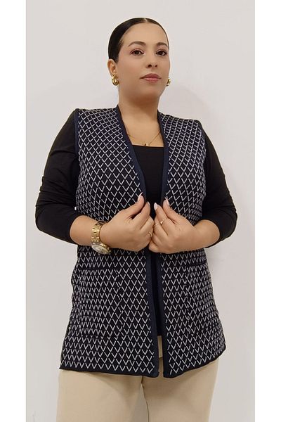 AKŞEN GİYİM Plus Size Women's Steel Knit Argyle Pattern Two Pocket Mother Design Short Knitwear Vest