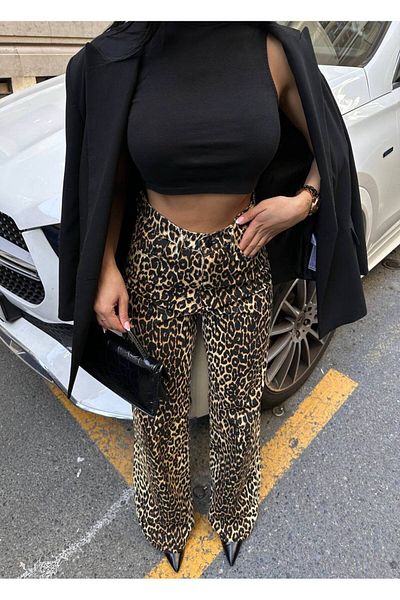LB Laluna Butik Women's Leopard High Waist Palazzo Trousers Denim Fabric
