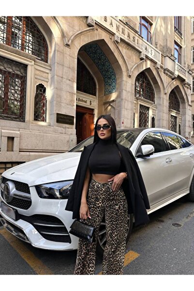 LB Laluna Butik Kadın Leopar Yüksek Bel Palazzo Pantolon Denim Kumaş