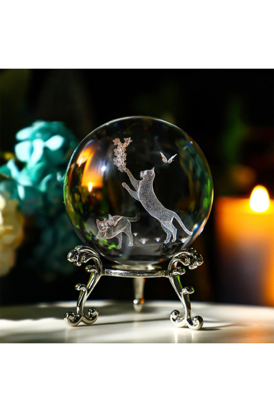 keyfim shop Dekoratif Metal Ayaklı Ikili Kedi Tasarımlı 3d Cam Küre 6cm