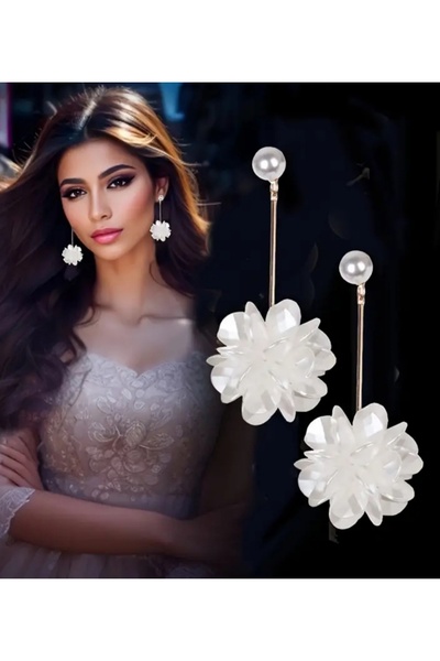 ER TAKI İncili Gold Renkli Uzun Sallantılı Şık Çiçek Düğün Abiye Küpe