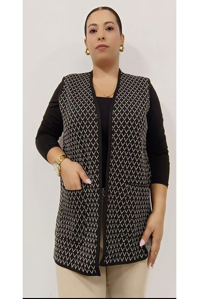 AKŞEN GİYİM Plus Size Women's - Steel Knit Diamond Patterned Short Vest with Two Pockets
