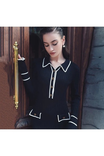 Lusin Дамска черна рокля от плетиво с дълги ръкави и стилна яка с копчета