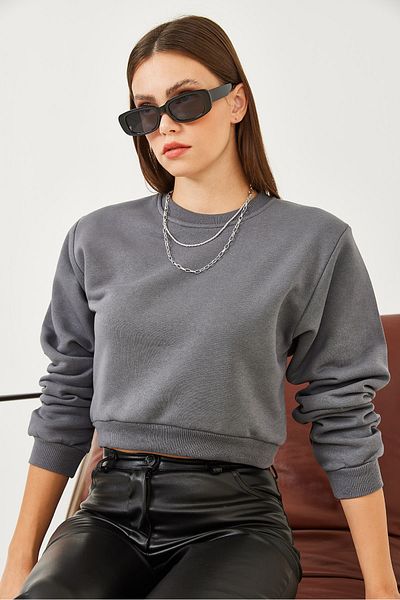 Bianco Lucci Damen-Basic-Crop-Sweatshirt mit Rundhalsausschnitt 60251797