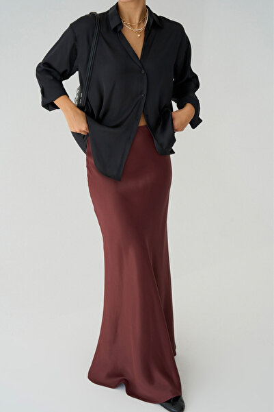 LOOSH Women's Burgundy Long Flared Satin Skirt