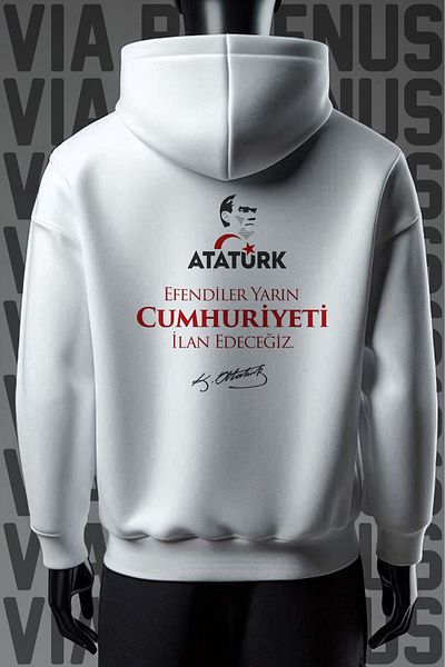 Vordevia Ataturk and October 29 Front Back Printed Kangaroo Pocket 3 Thread Raster Wide Fit Hooded Sweatshirt