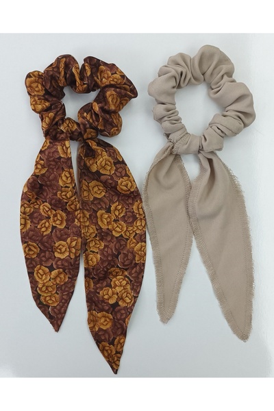BRC Collection Kadın 2 Adet Karışık Renk Ve Desen Kuyruklu Fular Lastik Toka