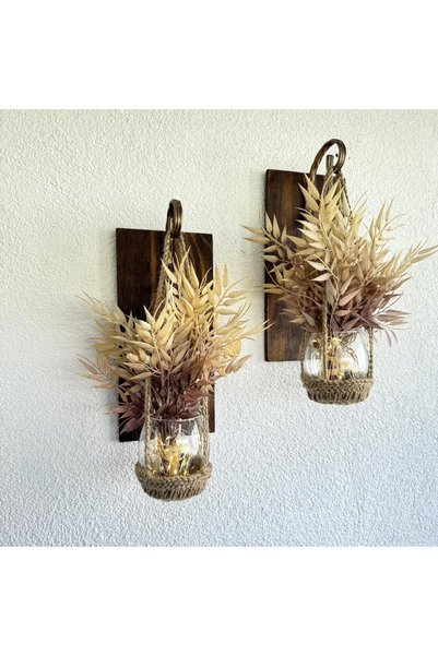 STDEKOR Wall Decoration, Led Light, Coffee Asparagus Flower, Walnut Sconce Set of Two