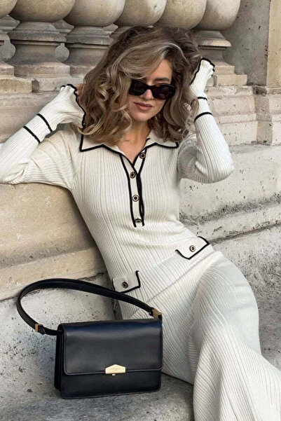 Lusin Women's Ecru Polo Collar Stylish Button Detailed Long Sleeve Ribbed Knitwear Dress