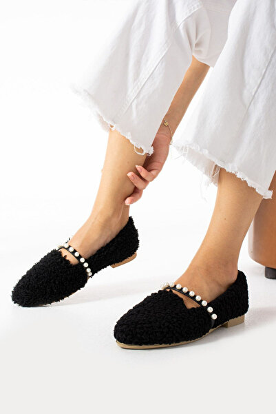 STOCON Γυναικείες μαύρες μάλλινες πέρλες χειμερινές μπαλαρίνες για σπίτι και εξωτερικούς χώρους