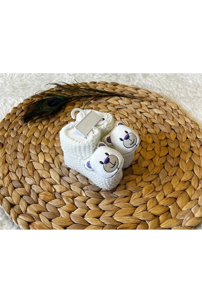 anne dokunuşu gibi KUZUM BEBE Ayıcıklı Ekru Kız Erkek Bebek Triko Patik