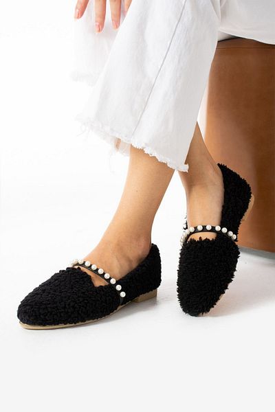 STOCON Women's Black Woolen Pearl Winter Ballerinas Home and Outdoor Shoes