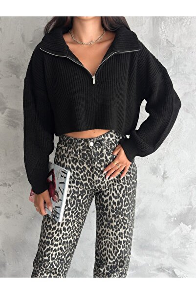 VOOLSTYLE Kadın Oversize Yarım Fermuarlı Yarım Balıkçı Yaka Triko Kazak