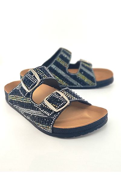 Esem Black Color Stone Double Buckle Anatomic Trend Model Home, Street and Misfir Slippers