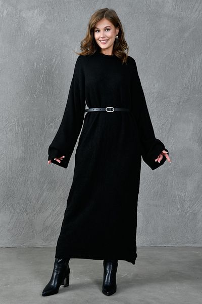 vuvutasarım Crew Neck Off Shoulder Sleeve Long Sleeve Belt Gift Midi Size Oversize Black Knitwear Dress 4097