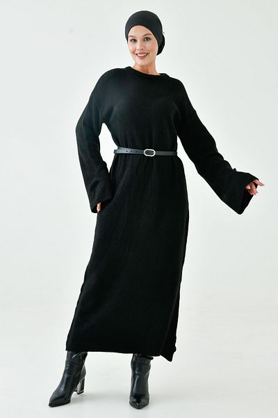 vuvutasarım Crew Neck Off Shoulder Sleeve Long Sleeve Belted Midi Size Oversize Black Knitwear Hijab Dress 4097