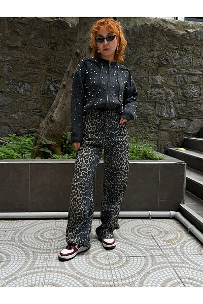 Bak'ap Vintage Detailed Palazzo Jeans Jean Wide Leg Leopard Trousers