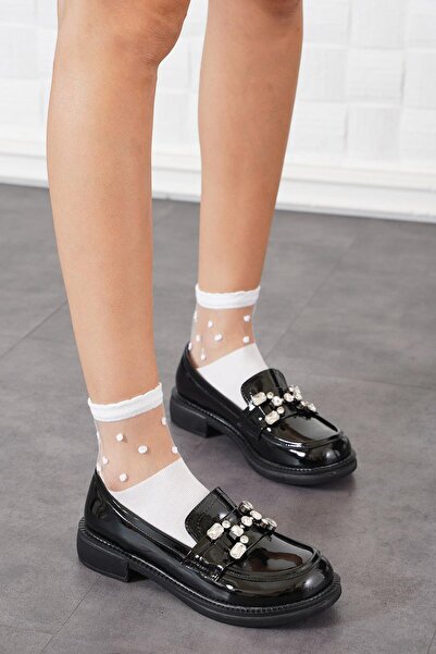 Moda Pie Piele Lacuită Neagră Rotudă - Balerini de damă cu cataramă Canep cu detaliu de piatră