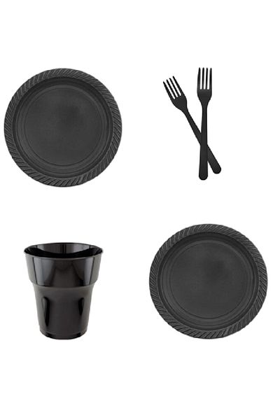 Kikajoy Set of 25 Black Plastic Plates, Cups and Forks