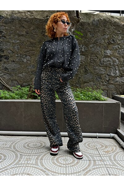 Bak'ap Vintage Detailed Palazzo Jeans Jean Wide Leg Leopard Trousers