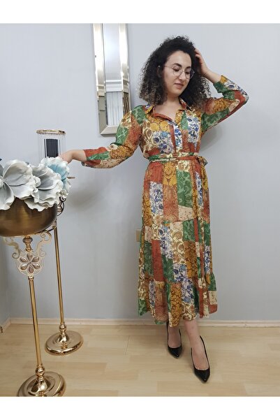 FERGAN Women's Green Multicolor Chiffon Daily Midi Long Sleeve Dress