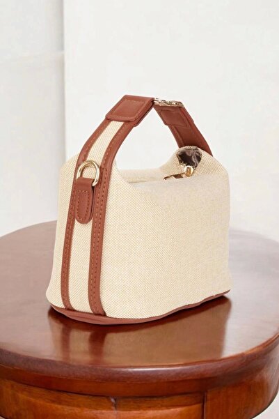 Glemix Toile Taba Detaylı Kanvas Çift Askılı Kadın El Kol Ve Omuz Çantası