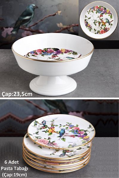 Pinkev Flora Ceramic Cake Plate Set for 6 People with Fruit Pot - Kup109F