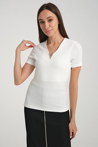 jöns since 1997 Women's Short Sleeve Metal V-Buckle Ottoman Blouse