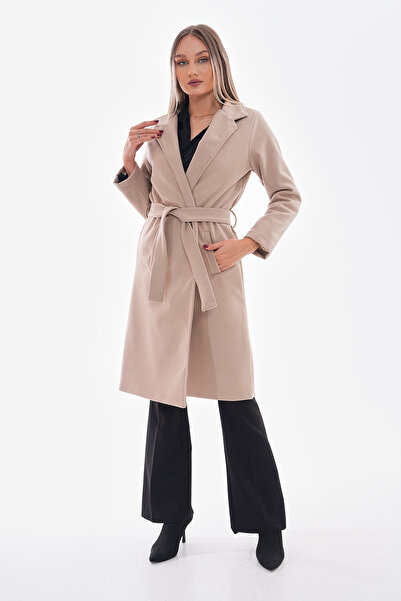 met home W1-83351 Stone Belted Pocket Detailed Long Cashmere Coat