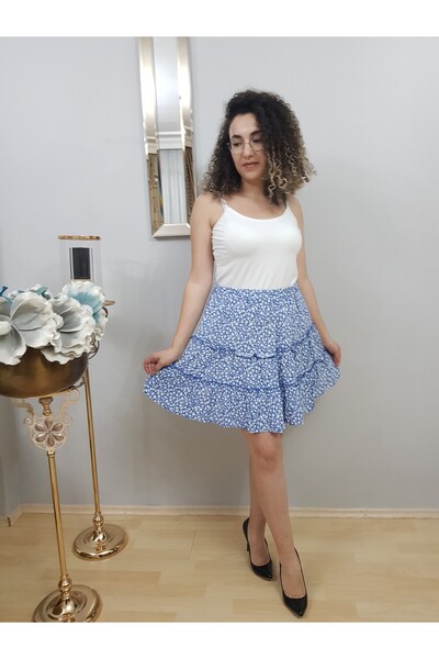 FERGAN تنورة نسائية يومية زرقاء منقوشة بالزهور