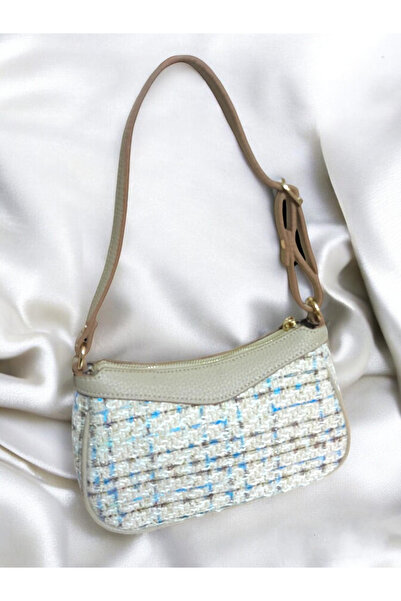 Velveteen Bej Kareli Tüvit Kumaş Ve Deri Detaylı Kadın Omuz Çantası