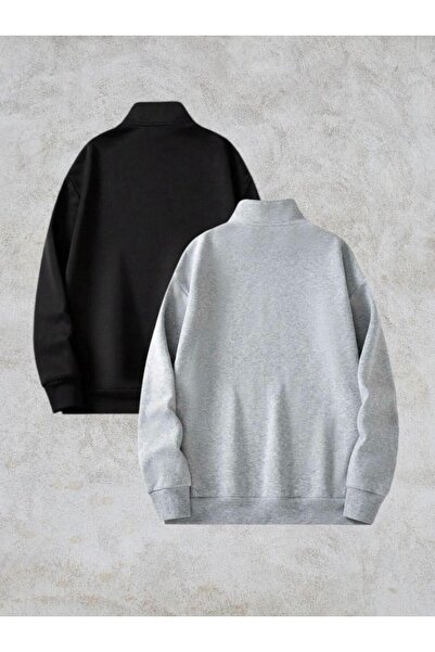 S&A DESIGN 2-Piece Stand Collar Zippered Oversize Unisex Sweatshirt Black Gray