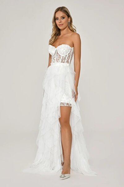 ALFABETA STRAPLEZ TRANSPARAN BEL DETAYLI FIRFIRLI YIRTMAÇLI  ŞIK ABİYE ALBİSE