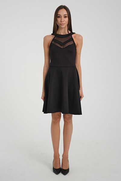 jöns since 1997 Γυναικείο γιακά τούλι Scuba Lycra Flared Μαύρο Φόρεμα