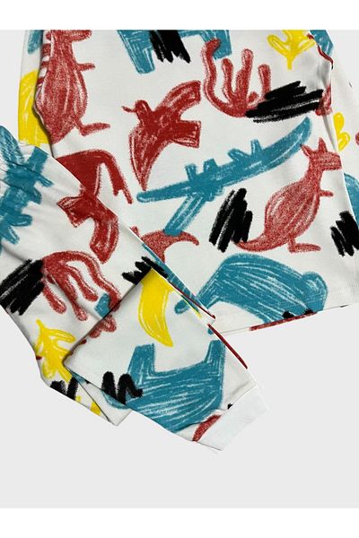 elmas kids Boy's White Colored Animal Patterned Camel-elephant-crocodile Long Sleeve 100% Cotton Pajamas Set