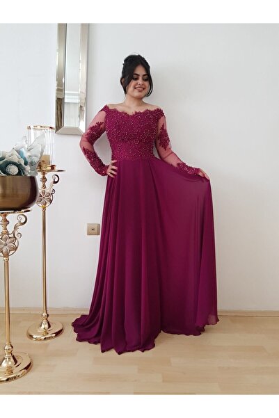 FERGAN فستان سهرة شيفون مطرز بأكمام طويلة أرجواني نسائي