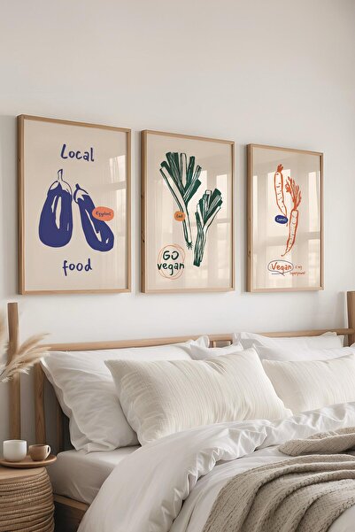 Postifull Çerçeveli Tablo Seti, 3 Adet Ahşap Çerçeve ve Minimalist Yemek Temalı Poster Seti, No:300553